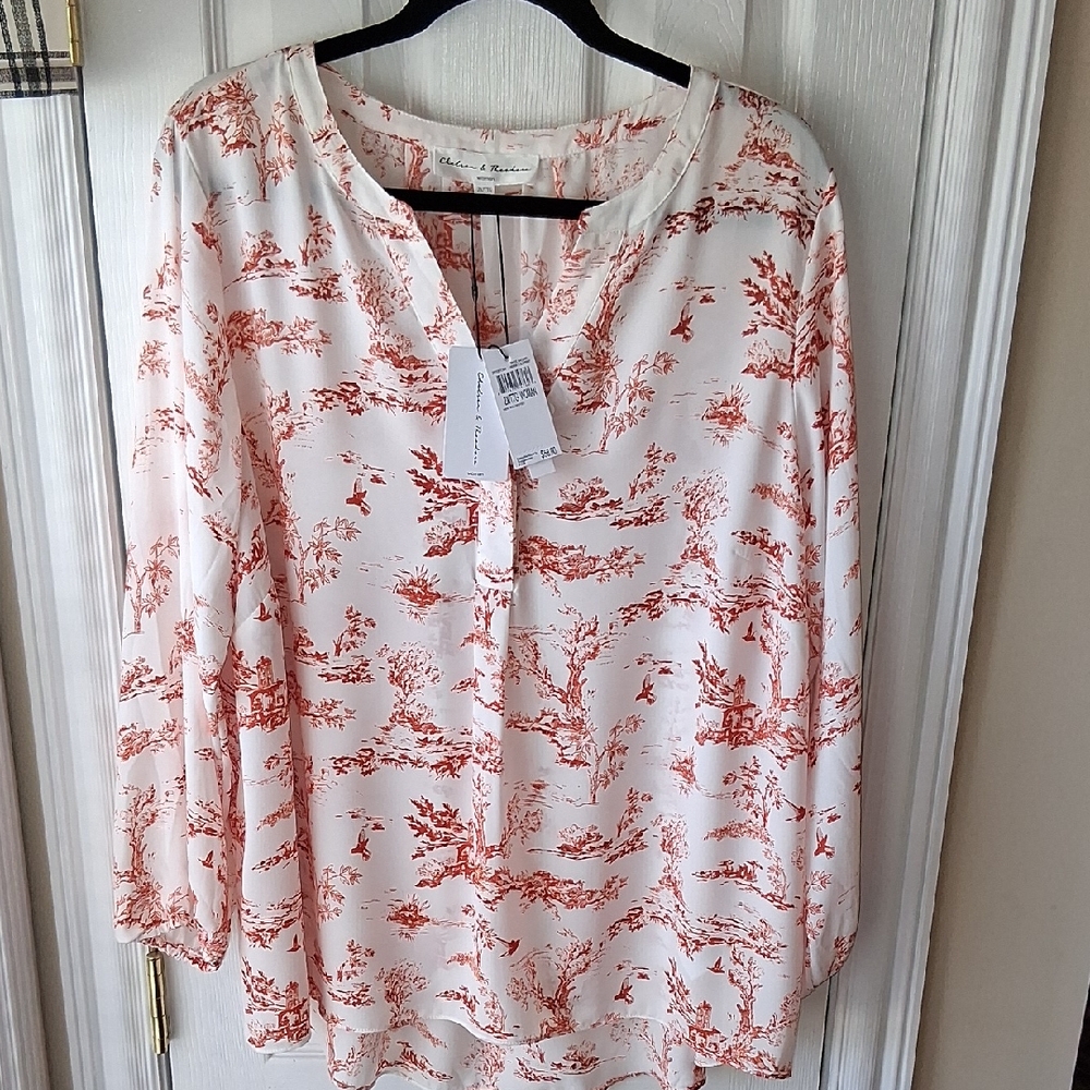 NWT Semi- Sheer Dressy Blouse with Coral Toile Print Plus Size Tunic Top